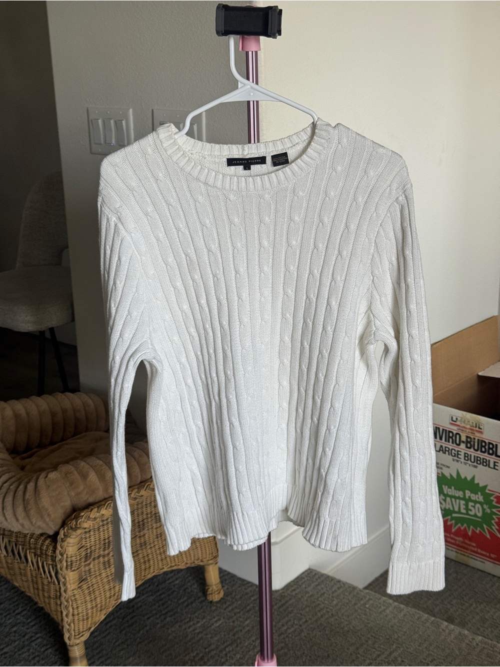 Jeanne Pierre Cable Knit Crewneck Sweater in White
